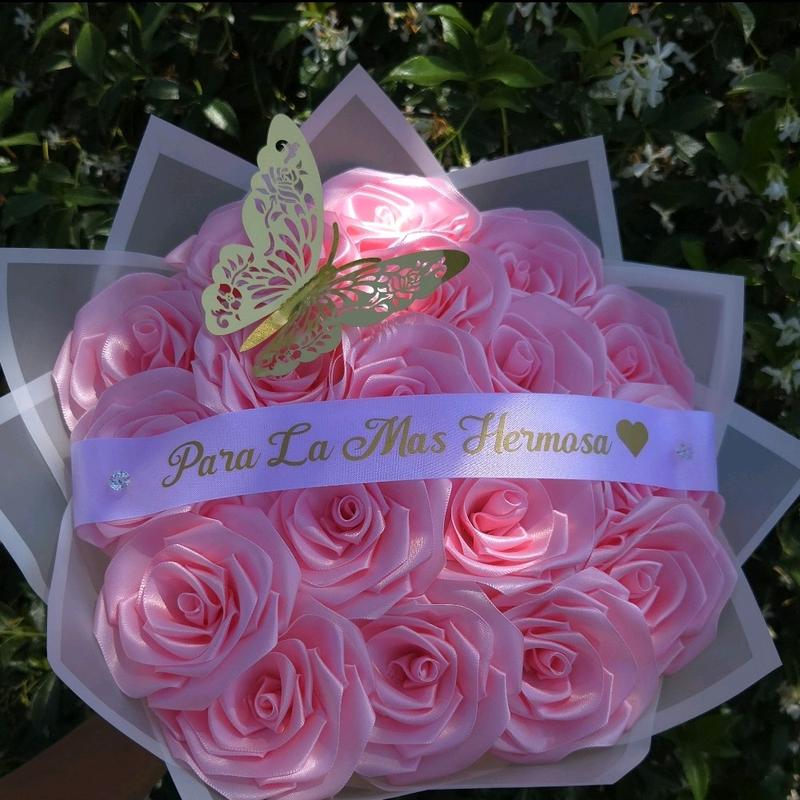 18 Pink Hermosa Eternal Rose Bouquet Custom Ribbon Gift Decor Decorative Flower Room arrangement flores eternas liston ribbon