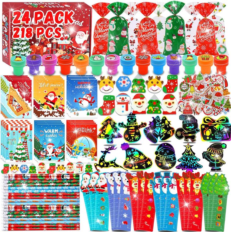 218Pcs Christmas Party Favors for Kids, Christmas School Stationery Set Christmas Goodie Bags Christmas Toys Bulk Classroom Prizes Christmas Stationery Kit for Party Gift Fillers