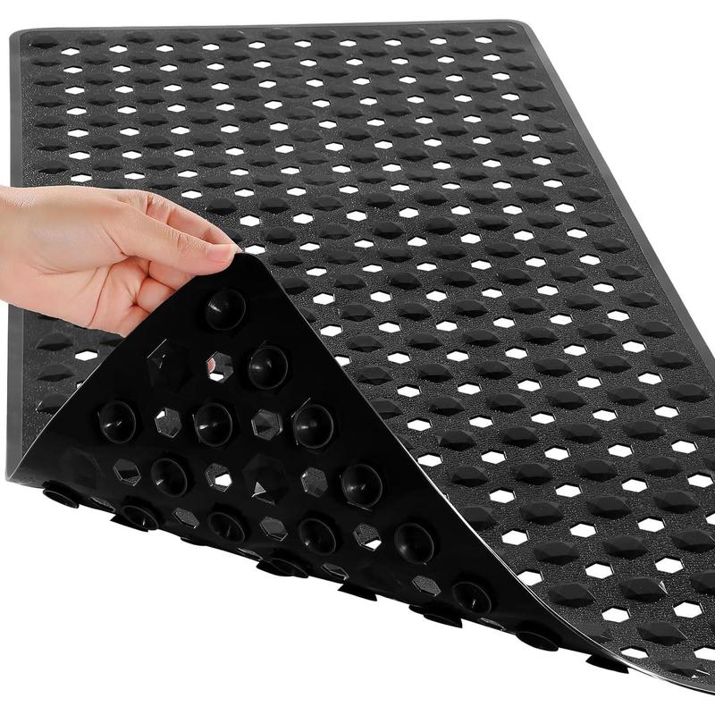 Bathtub Shower Mat, Long Non Slip Bath Mats for Tub with Drain Hole and Suction Cups, Soft on Feet, Machine Washable, Easy Dry, 34.5 x 15.5 Inch, Black