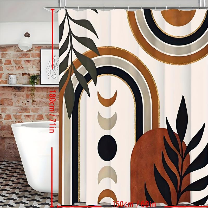 Boho Abstract Mid Century Shower Curtain for Bathroom Decor Geometric Leaves Moon Phase Modern Minimalist Aesthetic Arch Brown Black Fabric Waterproof Polyester 12 Pack Hooks