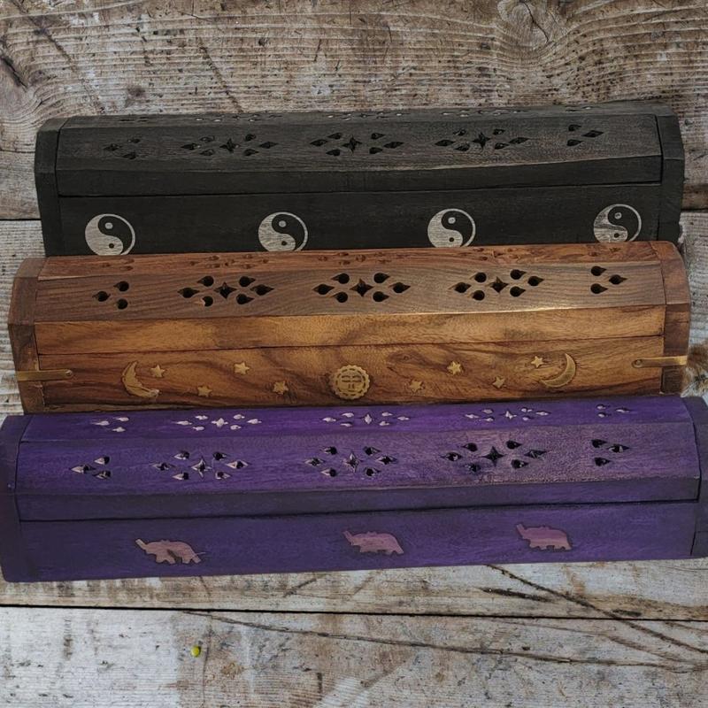 Wooden Incense Box, available in three colors, holds both incense sticks and cones.