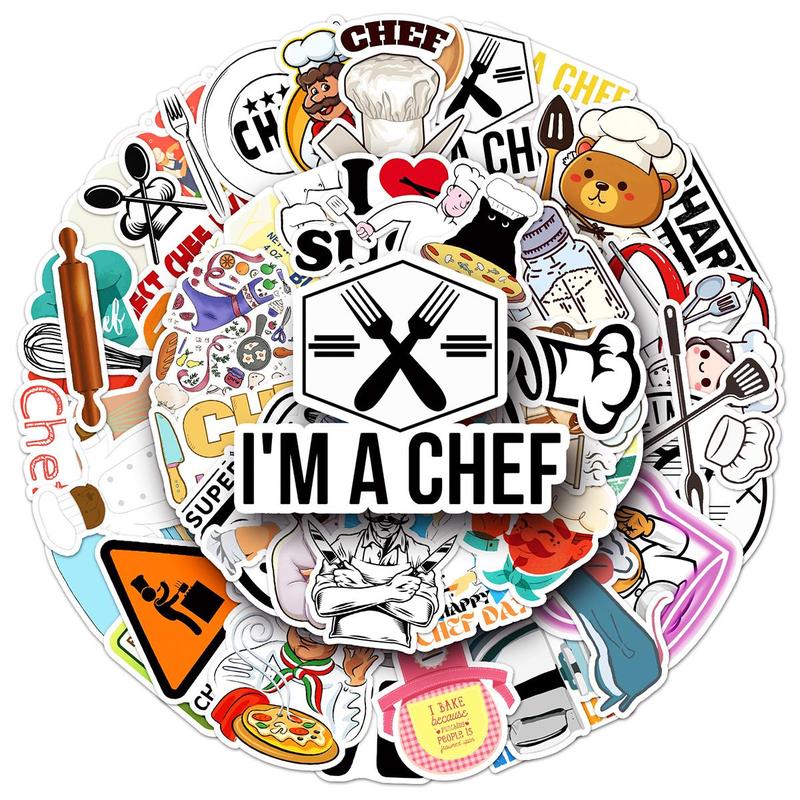 Cartoon Chef Pattern Sticker, 50pcs set Waterproof Self Adhesive Decor Paper, Decor Sticker for Gift Greeting Card Water Bottle Laptop Phone