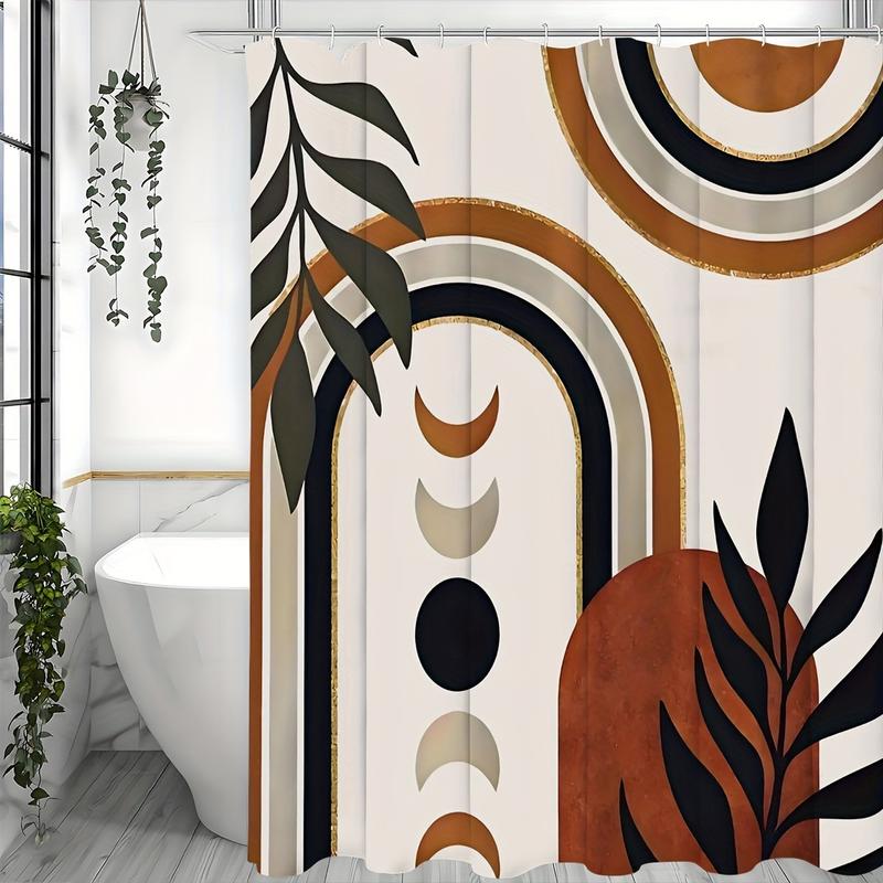 Boho Abstract Mid Century Shower Curtain for Bathroom Decor Geometric Leaves Moon Phase Modern Minimalist Aesthetic Arch Brown Black Fabric Waterproof Polyester 12 Pack Hooks