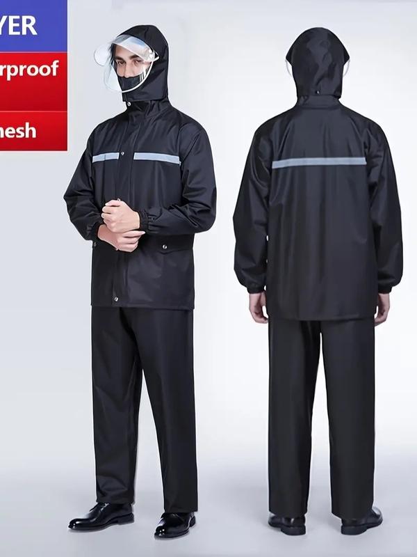 A Set Of Men's Hooded Raincoat With Reflective Stripe + Waterproof Pants, Comfy Durable Casual Outfits For Adventure, Hiking, Trekking