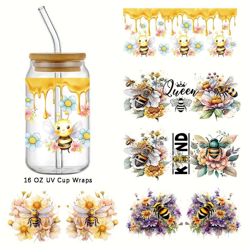 Bee & Flower Pattern UV DTF Cup Wraps Decals, 5 Counts set Waterproof Self-adhesive Stickers for 16 OZ Glass Can Wrap, DIY Transfer Stickers for Bee Lovers for Cups Bottles Glass