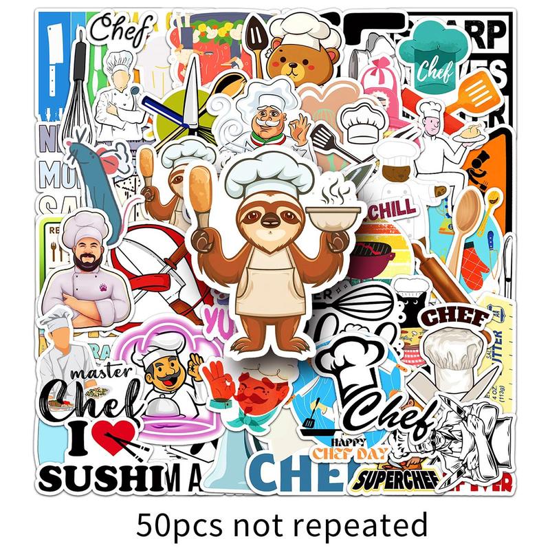 Cartoon Chef Pattern Sticker, 50pcs set Waterproof Self Adhesive Decor Paper, Decor Sticker for Gift Greeting Card Water Bottle Laptop Phone