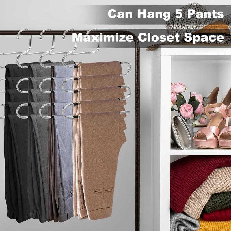 Pants Hangers Space Saving,4 Pack Stainless Steel Non-Slip Hangers for Pants,Multiple S-Shaped Closet Storage Organizer Hanger for Pants Jeans Scarf Towels Leggings