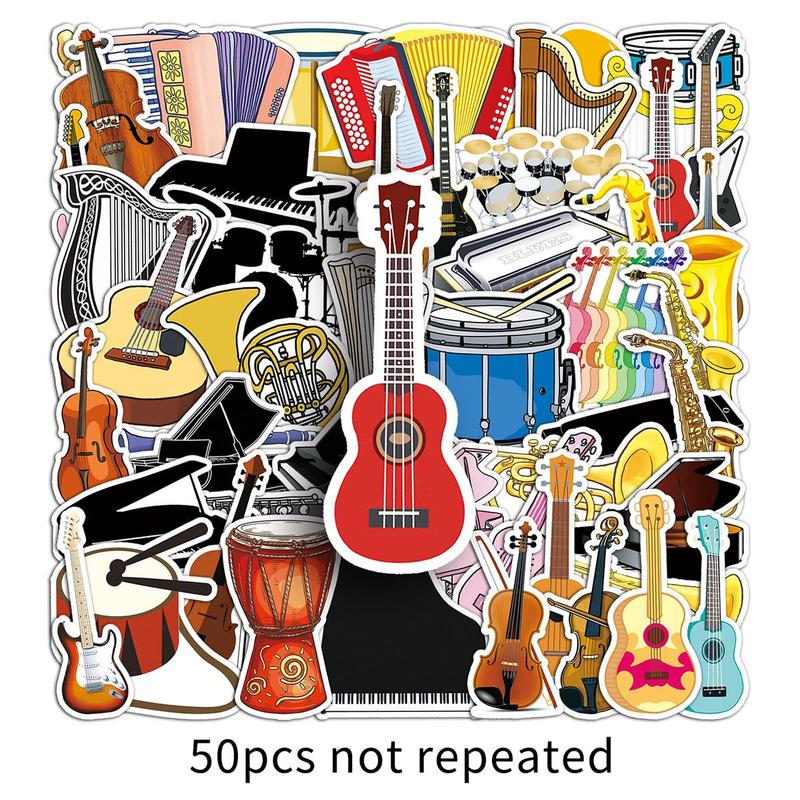 50pcs set Musical Instrument Pattern Sticker, Waterproof Self Adhesive Decor Paper, Decor Sticker for Gift Greeting Card Water Bottle Laptop Phone