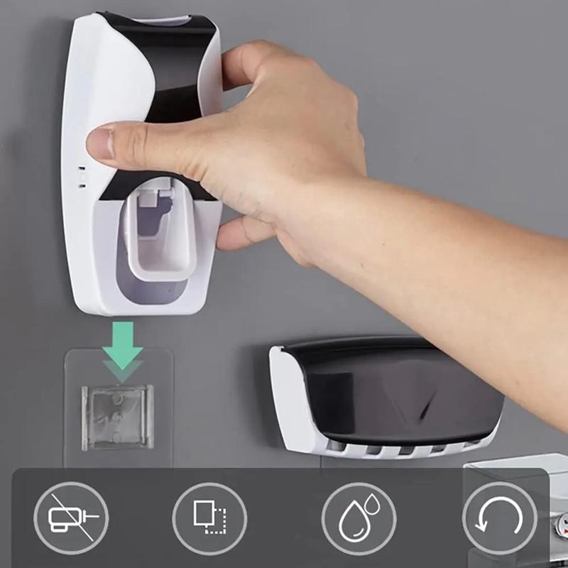 Dust-Proof Toothpaste Dispenser Toothpaste Squeezer Kit (Black) With 5 Slots Wall Mount Toothbrush Holder