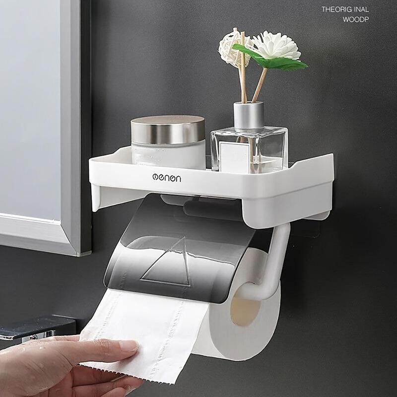 Bathroom 2 in 1 Wall Mounted Tissue Storage Rack, 1 Count Toilet Paper Holder, Plastic Paper Roll Holder for Bathroom Washroom