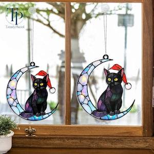 Cat On Moon 2D Acrylic Window Hanging, Black Cat Ornament, Cat Lovers Gift,  Wall Hanging Home Decor, Christmas Tree Decor