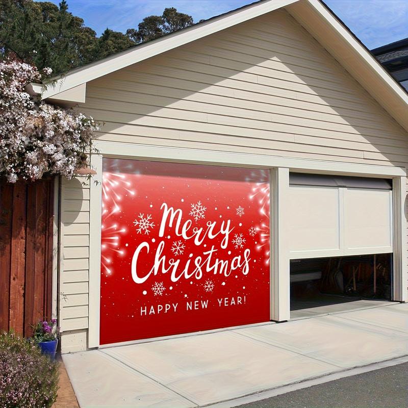 Outdoor Courtyard Garage Door Decoration, Merry Christmas Banner, New Year Garage Door Background, Red Snowflakes