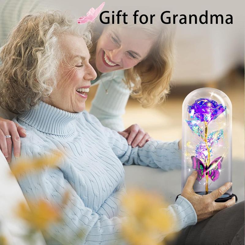 Glass Rose, for Mom, Father's Day Valentines Day Gifts for Her with Greeting Card, Galaxy Purple Butterfly Eternal Rose in A Glass Dome