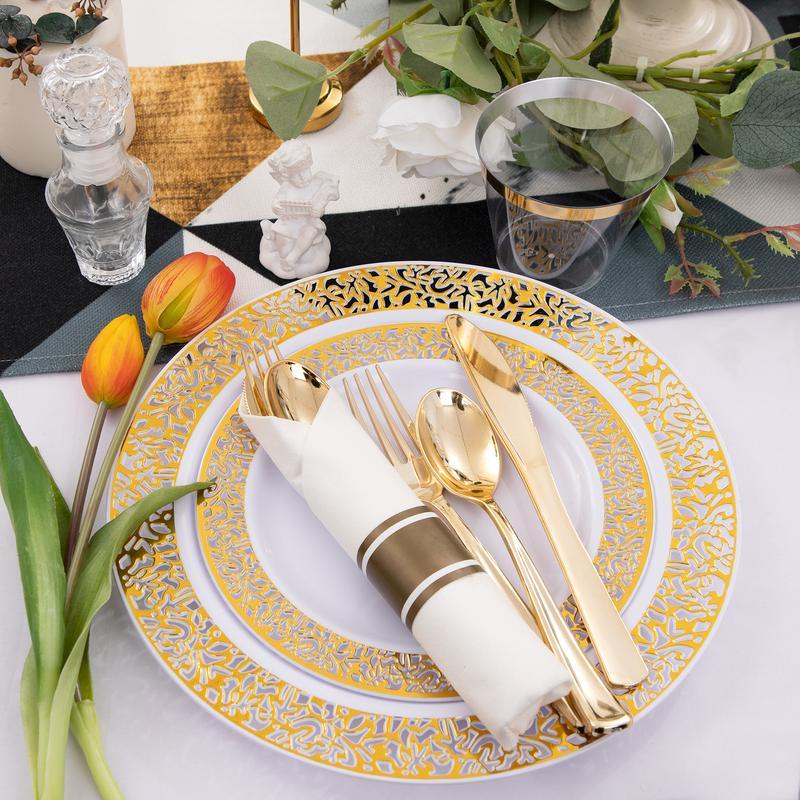 350 Pcs Gold Plastic Plates Disposable Silverware and Cups, Include:50 Dinner Plates 10.25”, 50 Dessert Plates 7.5” 50 Gold Rim Cups ,Gold Cutlery Set dinner plate