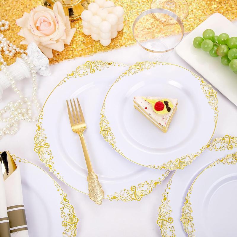 Nervure 175PCS White and Gold Plastic Plates for 25 Guests,include 25Dinner Plates,25 Cups,25Forks ,25Knives,25Napkins for Wedding&Party