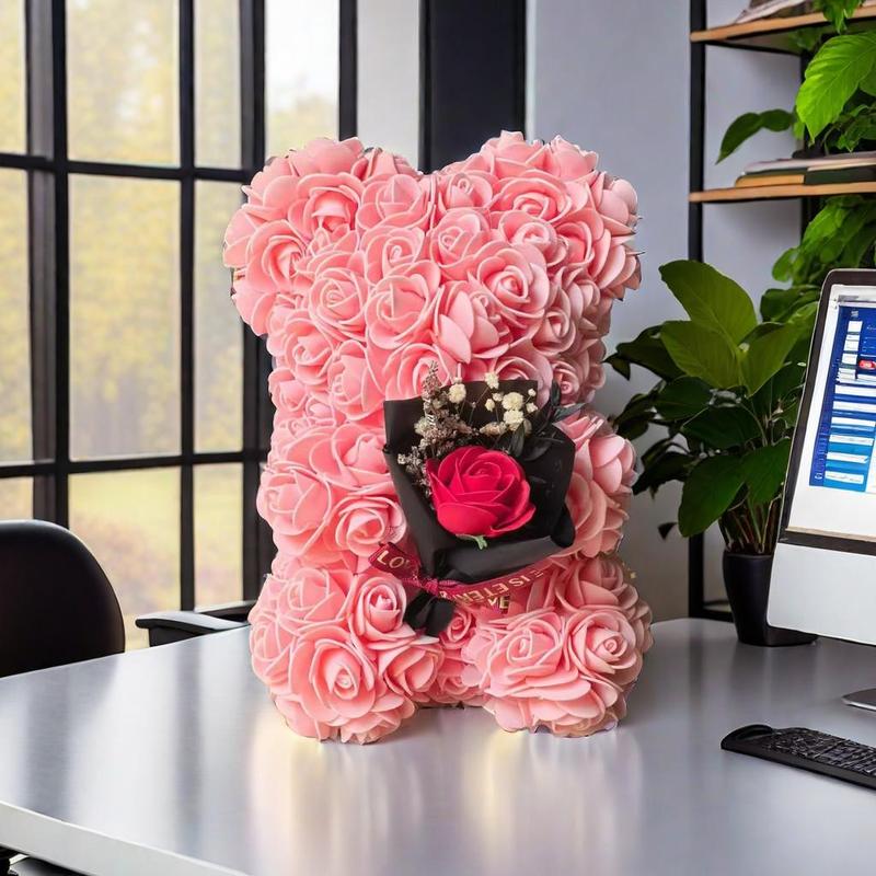 Artificial Rose Bear, 1 Count Cute Bear Shaped Rose Flower, Desktop Decorations for Home Office, Gift for Girlfriend, Mother, Wedding, Party