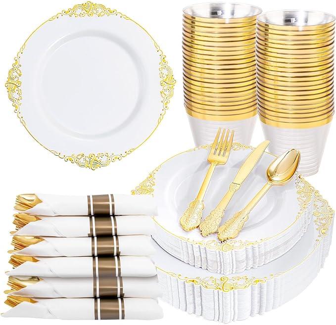 Nervure 175PCS White and Gold Plastic Plates for 25 Guests,include 25Dinner Plates,25 Cups,25Forks ,25Knives,25Napkins for Wedding&Party