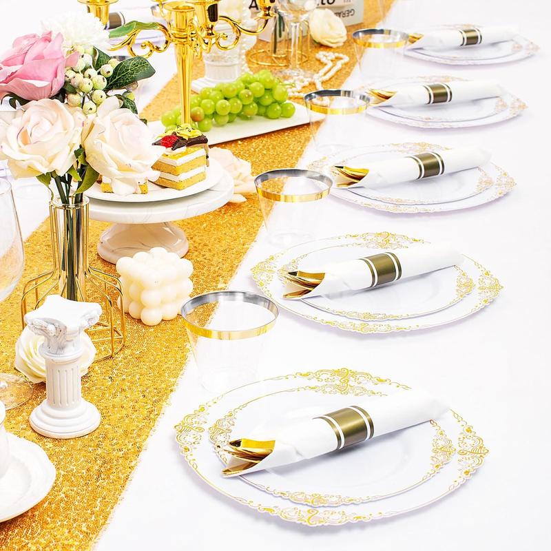 Nervure 175PCS White and Gold Plastic Plates for 25 Guests,include 25Dinner Plates,25 Cups,25Forks ,25Knives,25Napkins for Wedding&Party