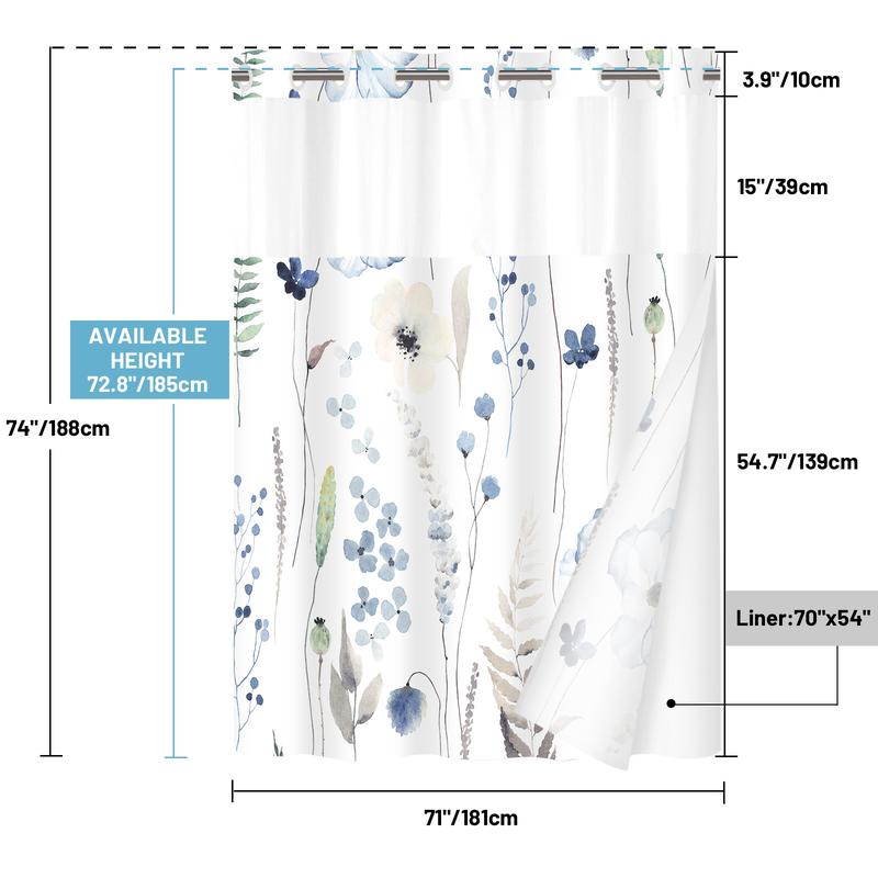 WITHLOC No Hook Shower Curtain with Snap in Liner - Floral Shower Curtain - Fabric Waterproof Inner Liner, Plants Watercolor Modern Cloth Shower Curtains - Machine Washable, 71 x 74 Inch 71 x 86 Inch