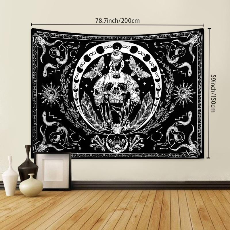 Skeleton Tapestry, 1 Count Skull Black Wall Hanging Snake Moth Wall Towel, Aesthetic Wall Art Decor Hippie Tapestry for Bedroom Living Room