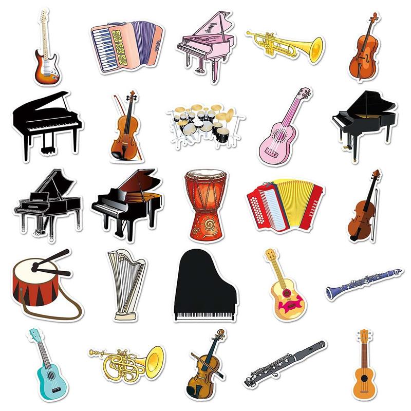 50pcs set Musical Instrument Pattern Sticker, Waterproof Self Adhesive Decor Paper, Decor Sticker for Gift Greeting Card Water Bottle Laptop Phone