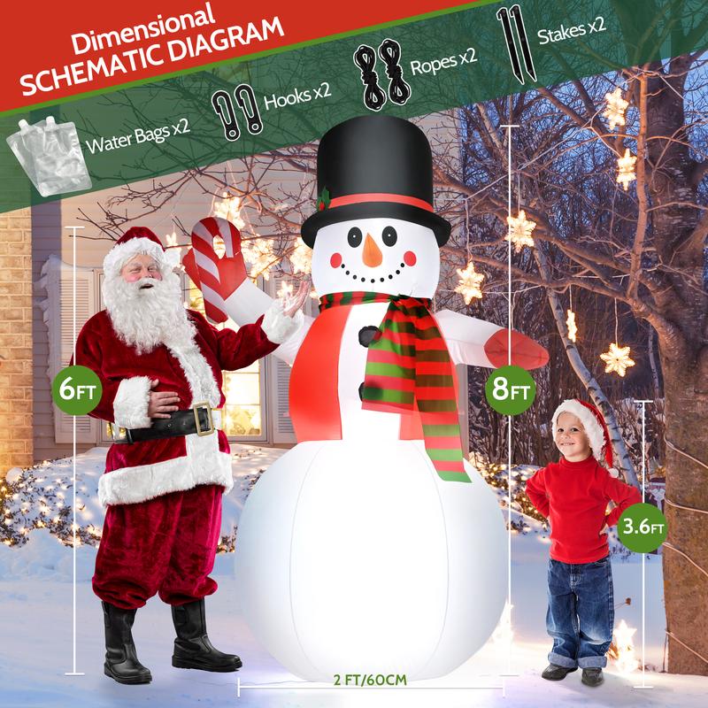 8 FT Snowman Christmas Inflatable – Blow-Up Snowman with Hat, LED Lights for Lawn & Garden Decorations