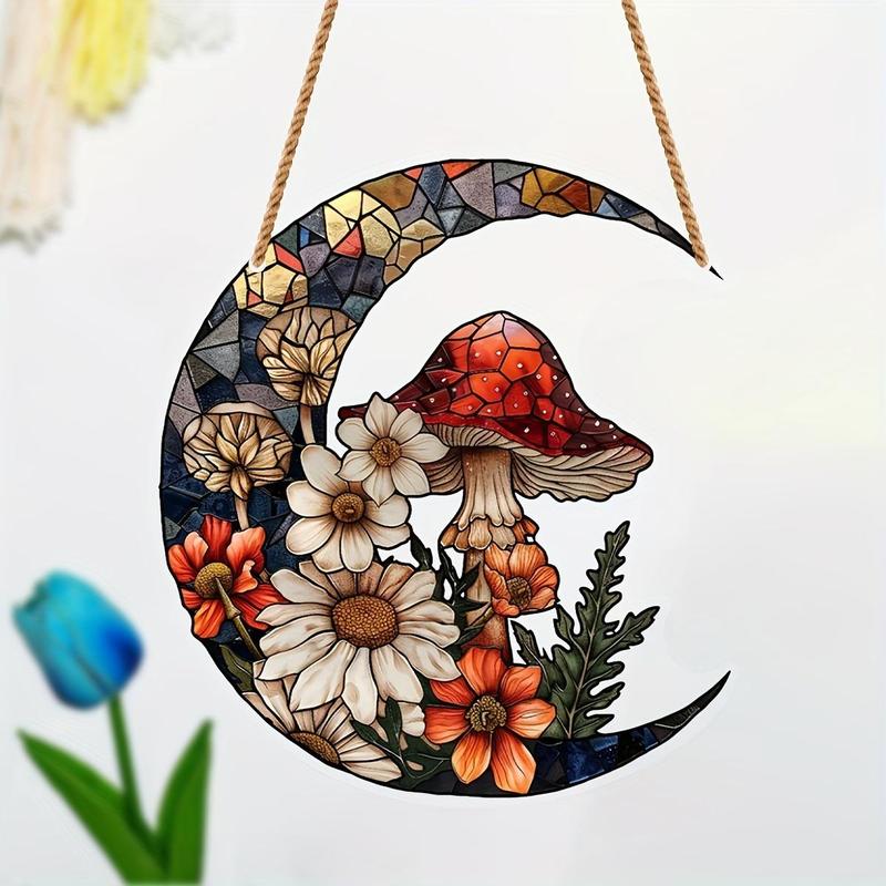 Mushroom & Flower Pattern Hanging Decor, 1 Count Acrylic Moon Hanging Ornament, Wall Hanging Decor for Home Living Room Bedroom Garden