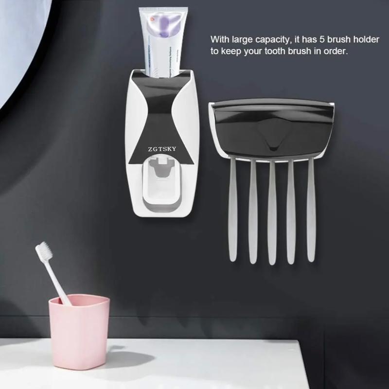 Dust-Proof Toothpaste Dispenser Toothpaste Squeezer Kit (Black) With 5 Slots Wall Mount Toothbrush Holder