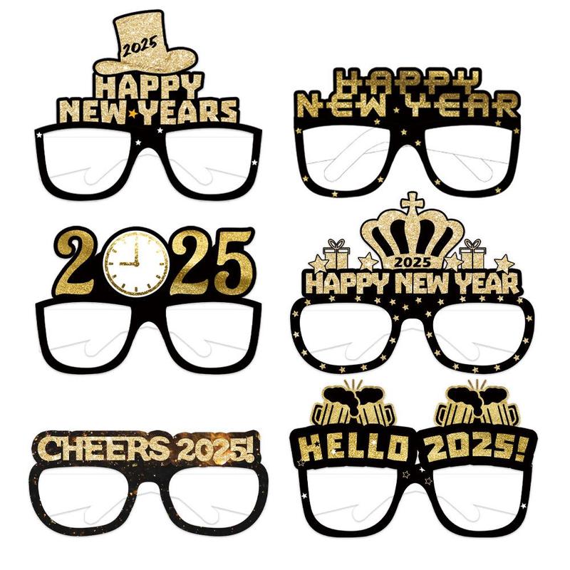 New Year 2025 Paper Eyeglasses, 6 Counts set Happy New Year Letter Pattern Glasses, Party Decoration Supplies for Birthday Party Holiday