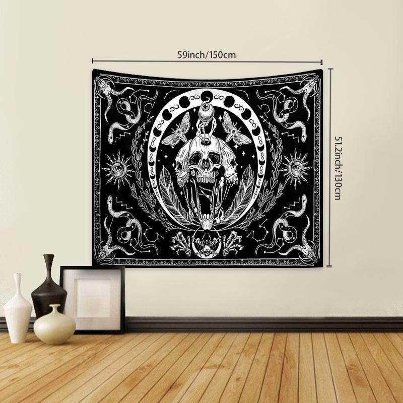 Skeleton Tapestry, 1 Count Skull Black Wall Hanging Snake Moth Wall Towel, Aesthetic Wall Art Decor Hippie Tapestry for Bedroom Living Room