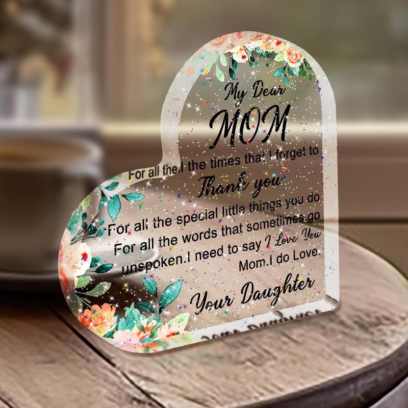 Flower & Letter Pattern Acrylic Heart Shaped Plaque, Creative Desktop Decoration Sign, Freestanding Acrylic Keepsake Gift for Mom