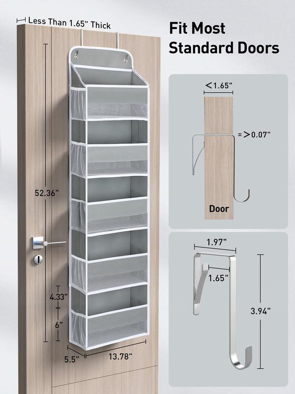 Yecaye 1 Pc Over The Door Organizer with 5 Bins 10 Side Pockets, 44lbs Load Hanging Bathroom Organizer, No Tilt Closet Organizers and Storage for Bedroom, Baby Organizer for Extra Storage, Grey