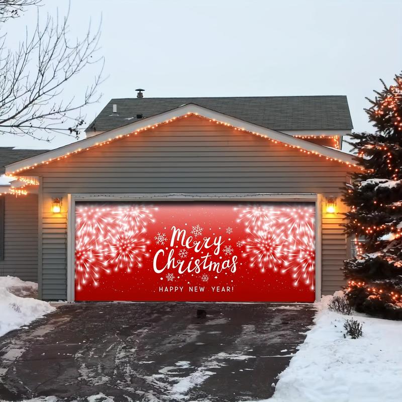 Outdoor Courtyard Garage Door Decoration, Merry Christmas Banner, New Year Garage Door Background, Red Snowflakes