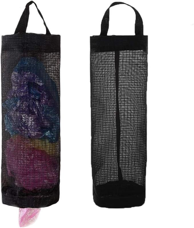 Plastic Bag Holder, Grocery Bag Holder Mesh Hanging Storage Bag Dispenser (Black 2 Packs)