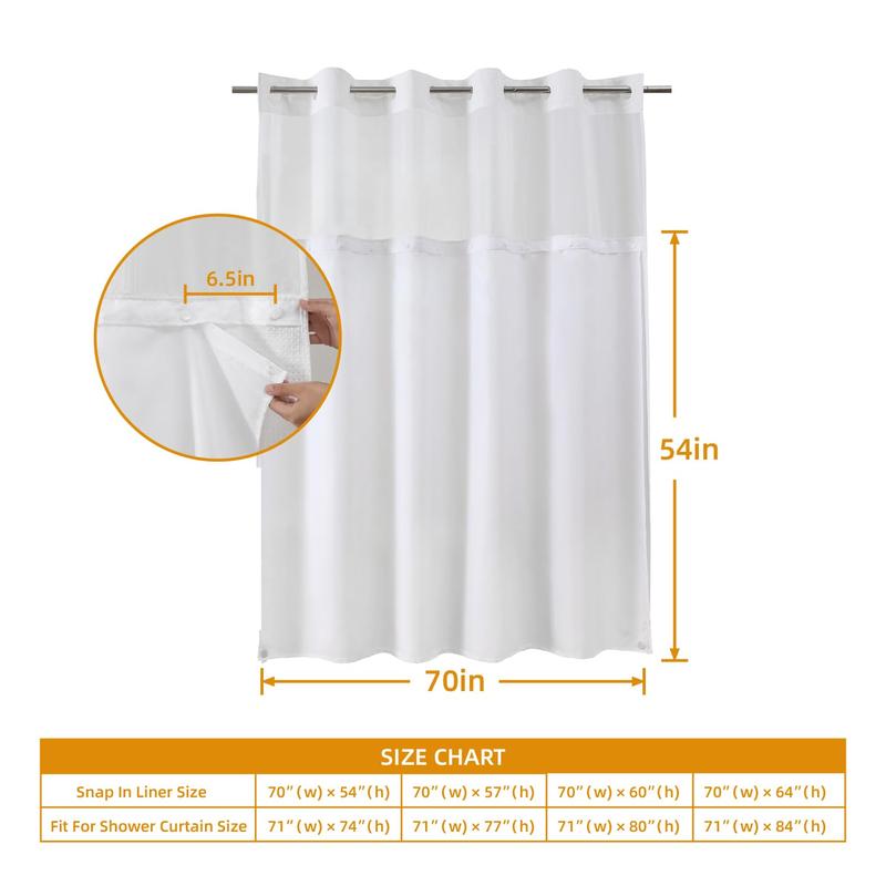 1 Pack Fabric Snap-in Shower Curtain Liner Replacement,Compatible with No Hook Shower Curtain with Snap in Liner, Removable & Water-Repellent,Machine Washable,70x54,White