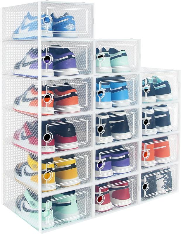 Hrrsaki Large 15 Pack Shoe Storage Organizer Boxes, Clear Shoe Boxes Stackable, Shoe Organizer for Closet, Shoe Storage Boxes for Entryway, White