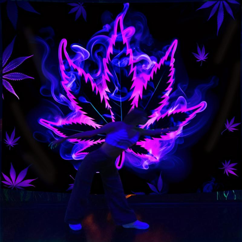  1pc Vibrant Purple Leaf Fluorescent Tapestry - Aesthetic Polyester UV BlackLight Wall Hanging for Living Room, Bedroom, Office, Home Decor, Room Decor, Party Deco - Festival Gift with  Installation Package and Easy to Hang