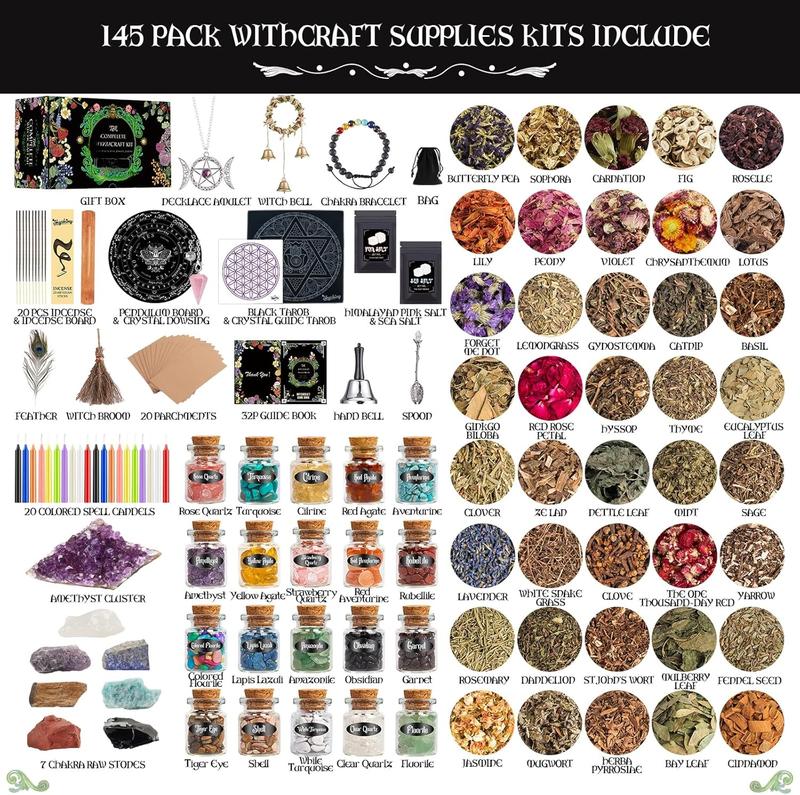 Witchcraft Supplies Kit, 145Pack Wiccan Supplies and Tools Witchy Gifts for Beginners, Dried Herbs, Crystals, Candles, Green Witch Altar Starter Spell