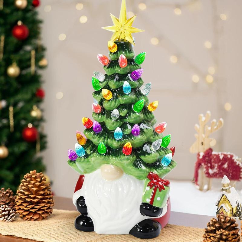 Christmas Decorations - 12” Lighted Up Gnomes Ceramic Christmas Tree with 46 Multicolored Lights - Small Mini Pre Lit Xmas Holiday Decor for Tabletop Home Room Table Fireplace Office