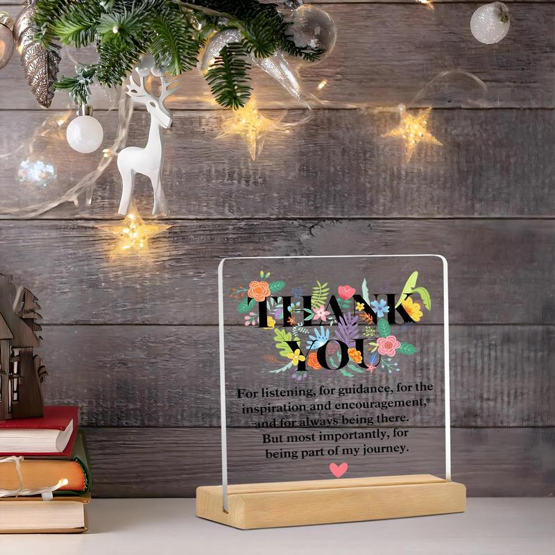 Acrylic Thank You Plaque with Wooden Stand, 1 Count Creative Floral Pattern Desktop Ornament with Mini Greeting Card, Home Decor for Living Room Bedroom Office, Gift for Friend & Family