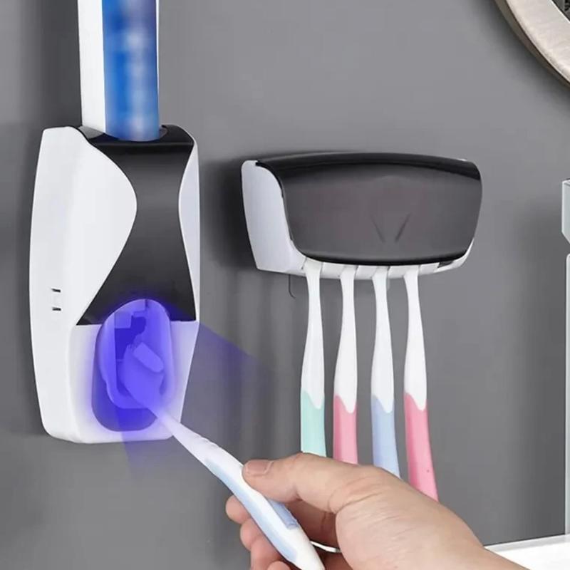 Dust-Proof Toothpaste Dispenser Toothpaste Squeezer Kit (Black) With 5 Slots Wall Mount Toothbrush Holder