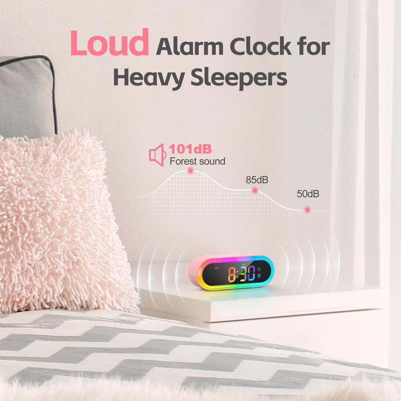 Pink Girls Alarm Clock for Bedroom, Dimmable Colorful Night Light & LED Display, Dual Alarm, Daily Weekday Weekend Alarm, 6 Auto-Off Timer, 7 Ringtones, Small Bedside Digital Clock for Kids Decor Set