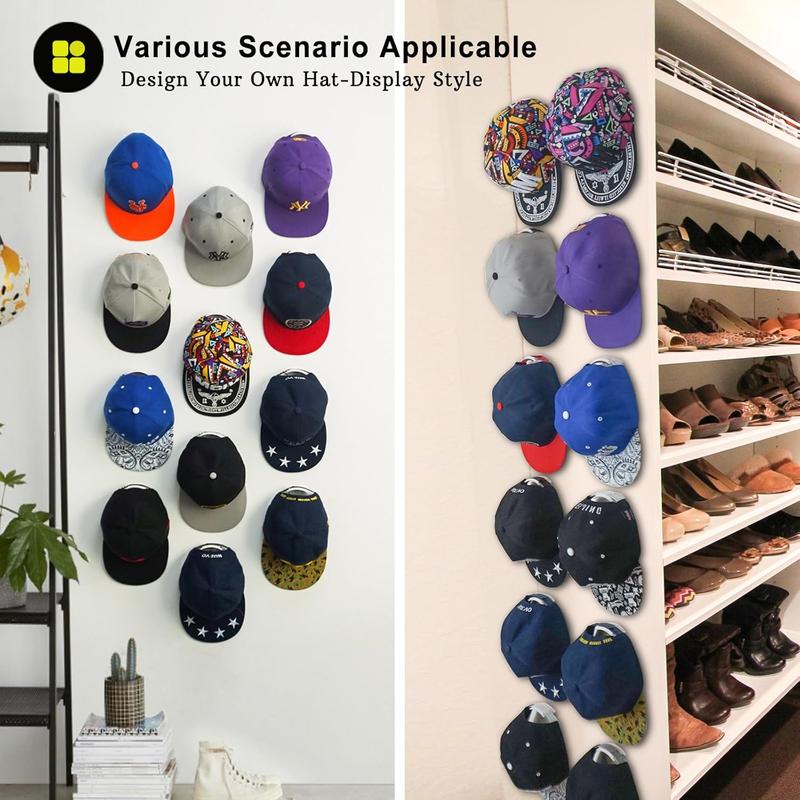 12 Pack Hat Organizer Rack for Baseball Caps, Adhesive Hat Holder Floating Display for Wall, Over the Door and Closet, No-Drilling Room College Dorms Organization & Decor Hook Accessories