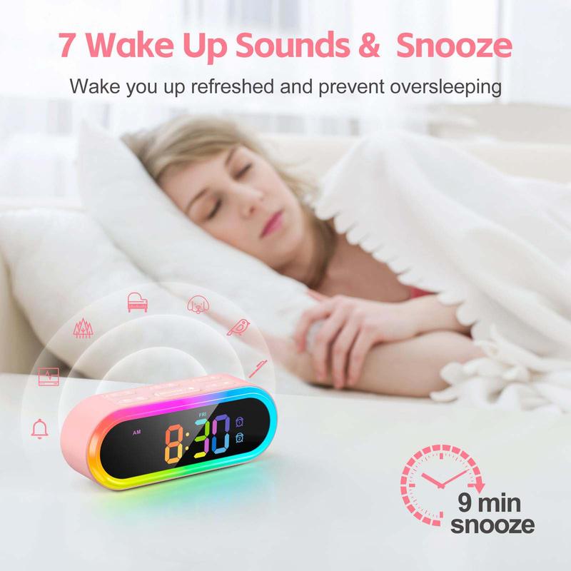 Pink Girls Alarm Clock for Bedroom, Dimmable Colorful Night Light & LED Display, Dual Alarm, Daily Weekday Weekend Alarm, 6 Auto-Off Timer, 7 Ringtones, Small Bedside Digital Clock for Kids Decor Set