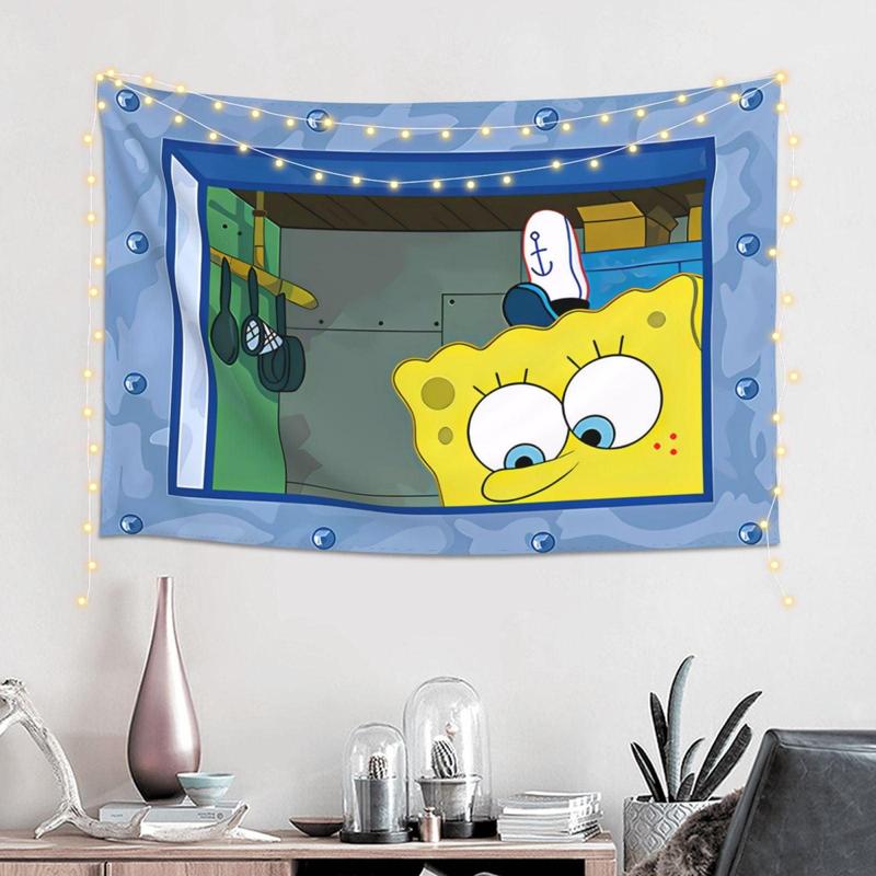 Spongebob Squarepants Peeking Funny Pictures Tapestry , Cartoon Squidward College Dorm Flag For Room Man Cave Frat Wall Outdoor Decor Flag