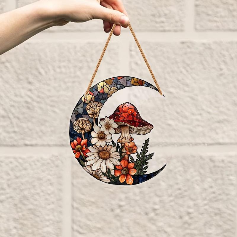 Mushroom & Flower Pattern Hanging Decor, 1 Count Acrylic Moon Hanging Ornament, Wall Hanging Decor for Home Living Room Bedroom Garden