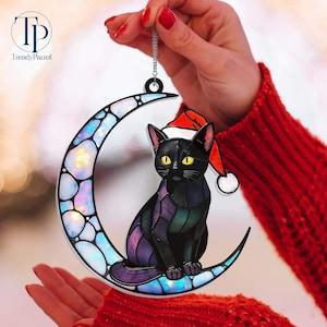 Cat On Moon 2D Acrylic Window Hanging, Black Cat Ornament, Cat Lovers Gift,  Wall Hanging Home Decor, Christmas Tree Decor