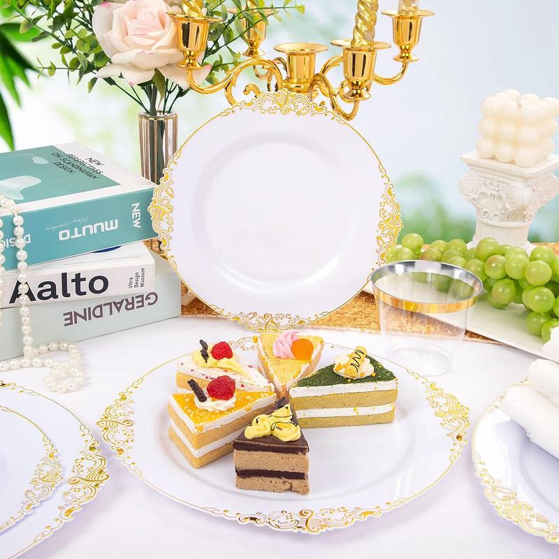 Nervure 175PCS White and Gold Plastic Plates for 25 Guests,include 25Dinner Plates,25 Cups,25Forks ,25Knives,25Napkins for Wedding&Party