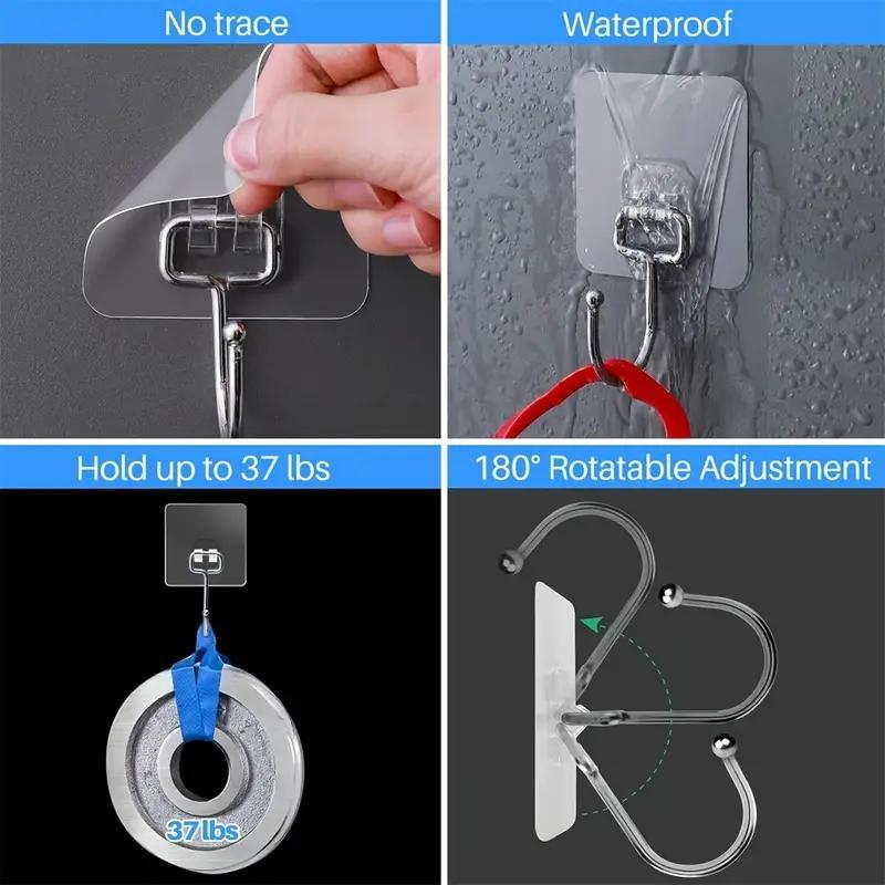 Clear Wall Mounted Hook, 10pcs Stainless Steel Self Adhesive Hook, Multifunctional Storage Hook for Bathroom & Kitchen & Home