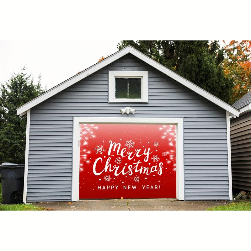 Outdoor Courtyard Garage Door Decoration, Merry Christmas Banner, New Year Garage Door Background, Red Snowflakes